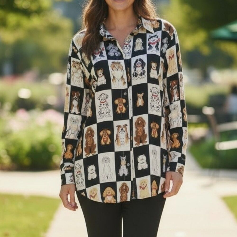 Vintage 100% silk button up shirt novelty print dogs Small